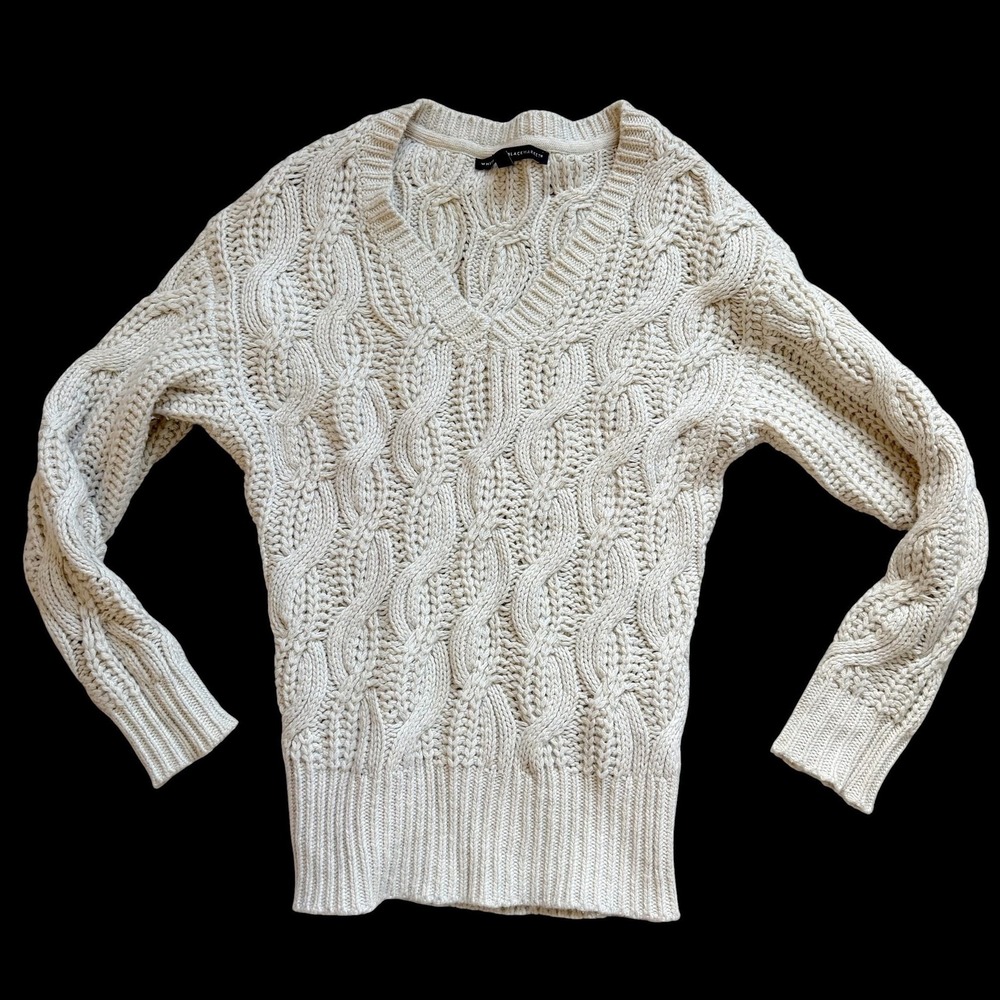 White House Black Market Cream Cable‎ Knit V-Neck Sweater Small Cotton Wool
